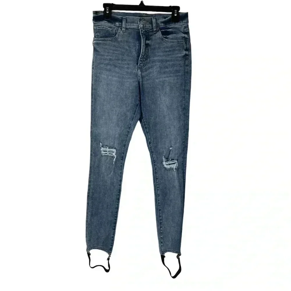 Express High Rise Distressed Skinny Med Blue Wash‎ Jeans Women Size 10 Long